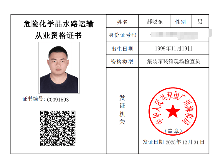 Dangerous goods waterway transport container inspection qualification certificate
