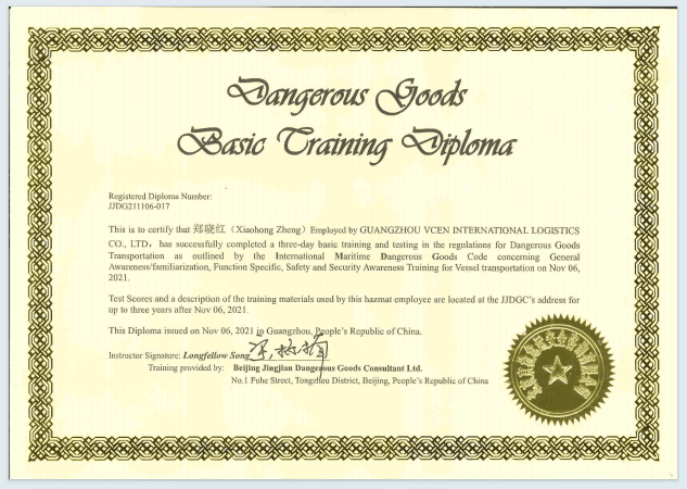 Dangerous Goods Basic Training Diploma for IMDG Code training