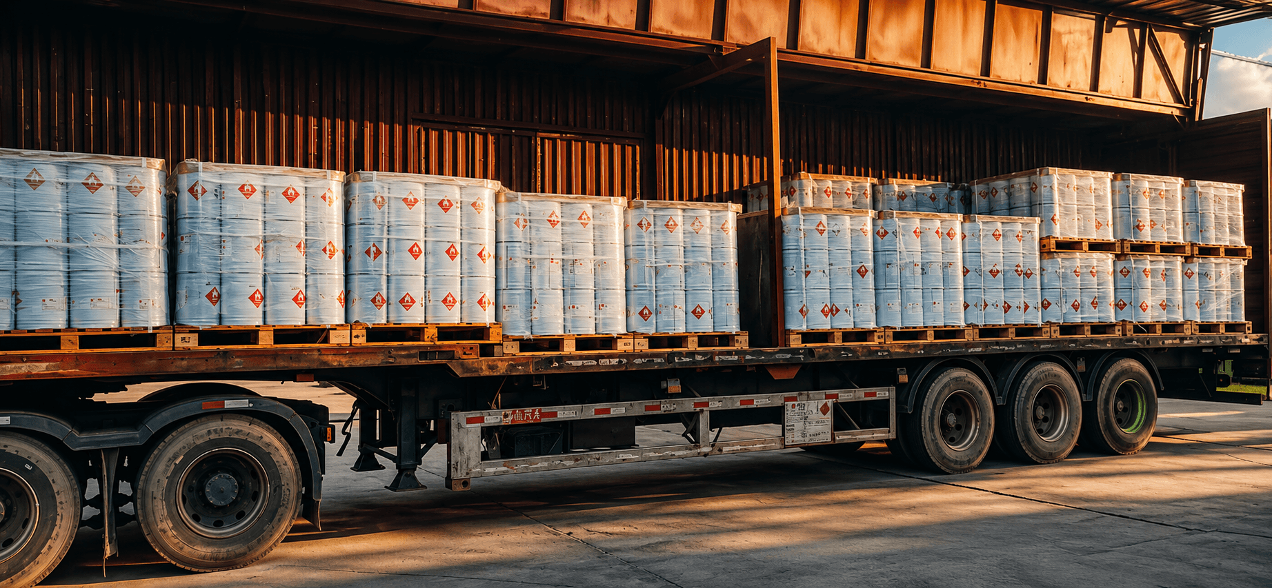Palletized paint drums with dangerous goods labels loaded on a truck for export