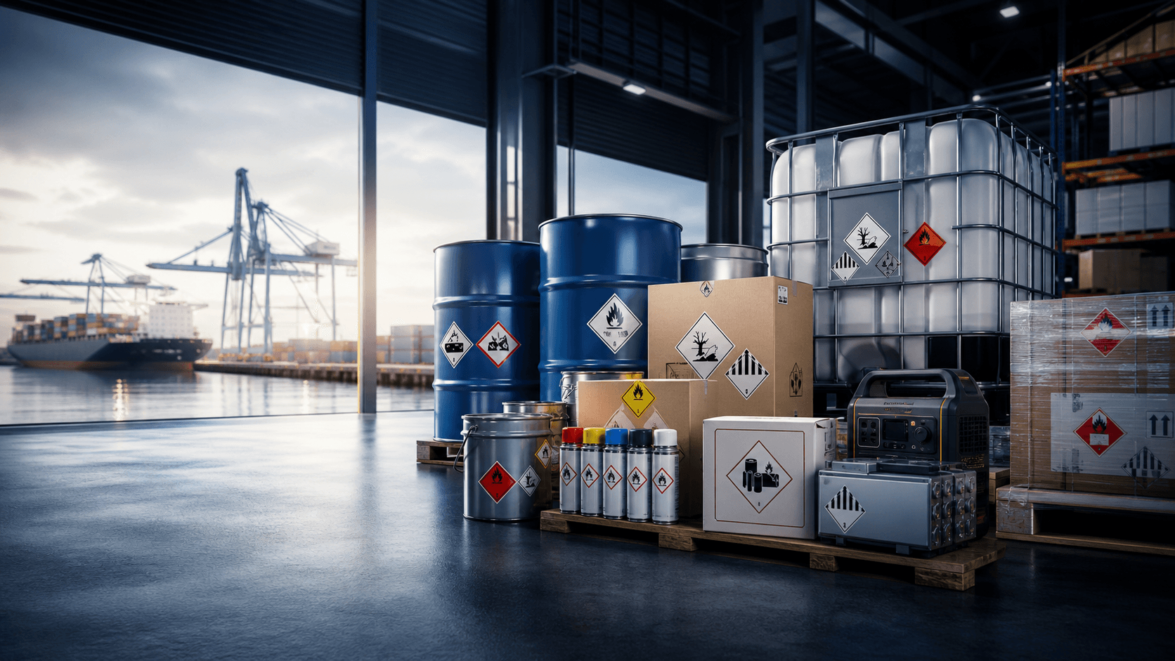 Multi-industry dangerous goods collection including lithium batteries, chemical drums, IBC tanks, DG packaging, and UN labels
