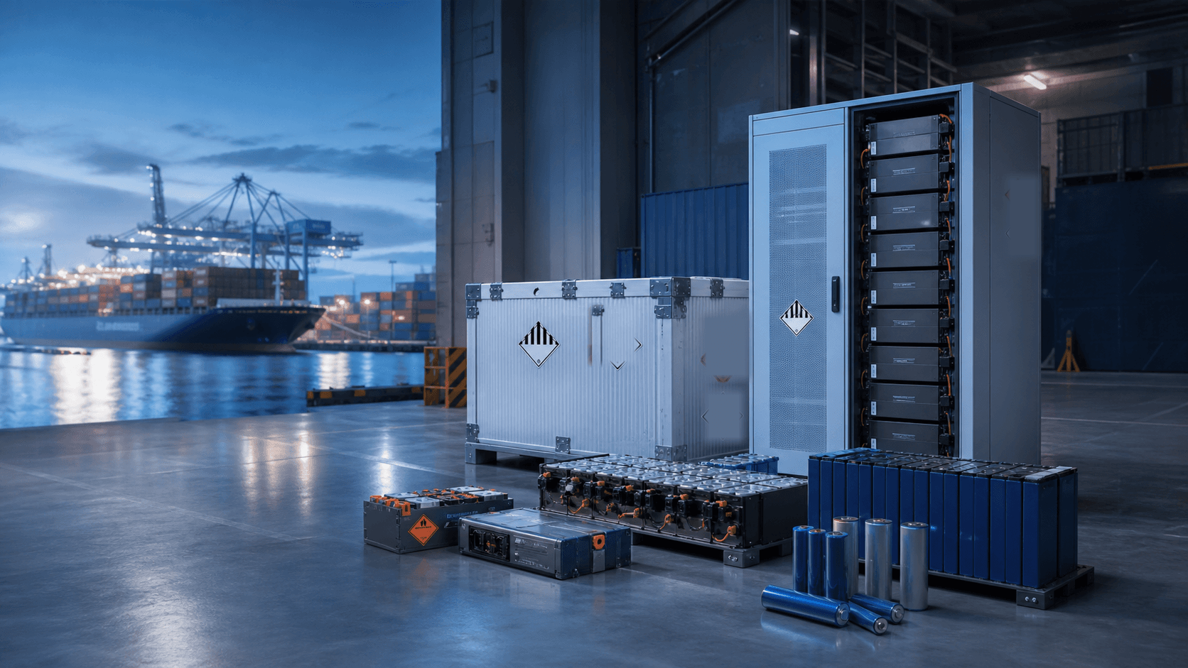 Lithium battery packs, dangerous goods packaging, and export logistics scene