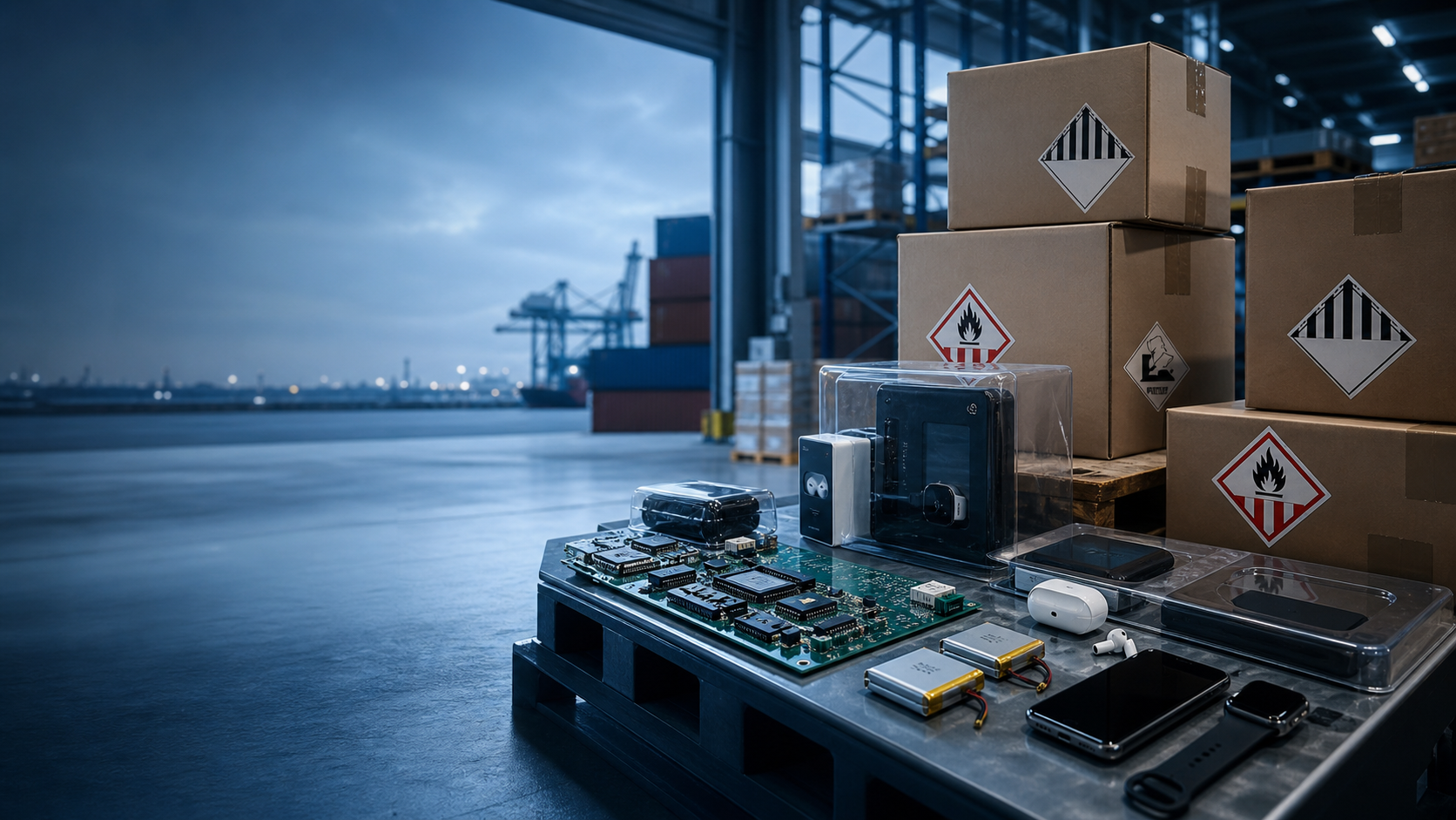 Modern consumer electronics, drones, smart devices, battery modules, and packaged lithium battery products in a deep blue international technology logistics style