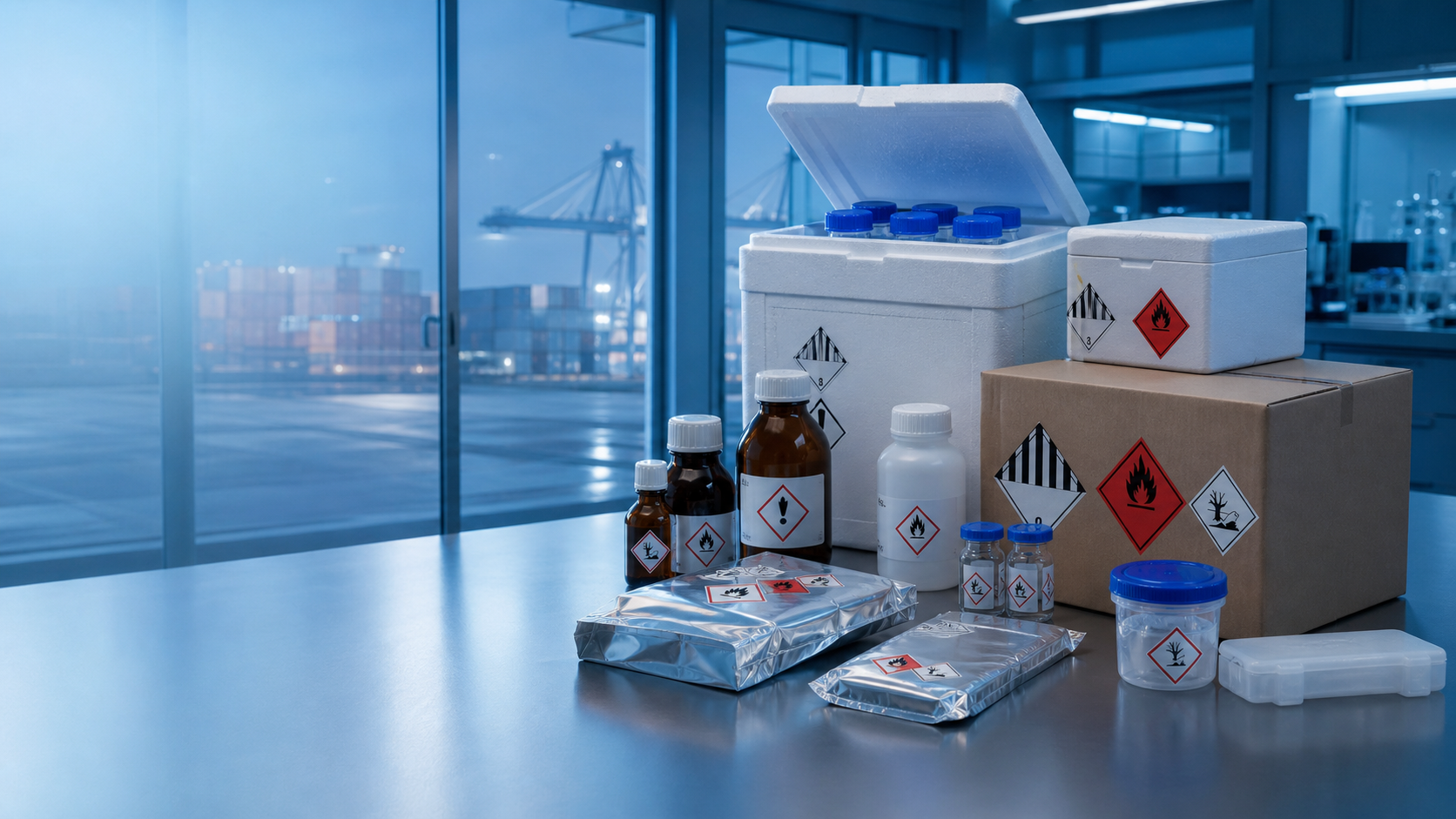 Reagent bottles, sample tubes, small-package chemicals, and compliant transport packaging in a modern laboratory environment